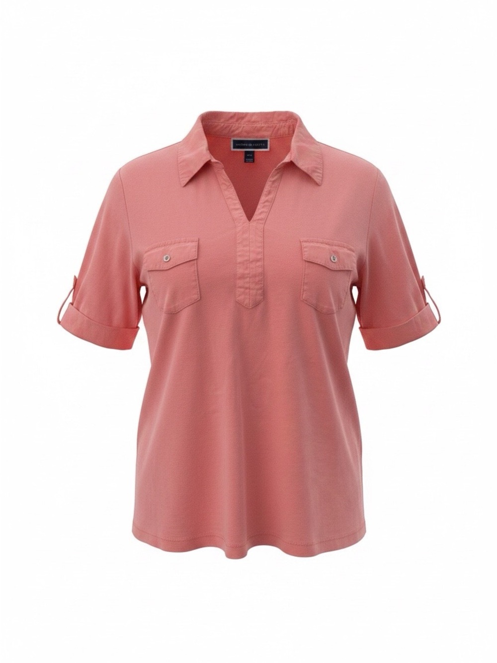 Karen Scott Coral-Pink Split V-Neck Short Sleeve Blouse